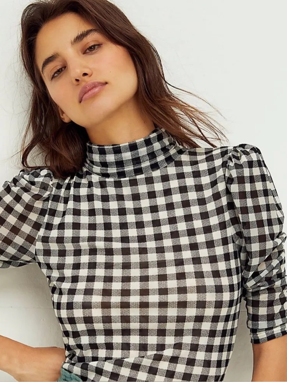 Free People Gather Black & White Gingham Top